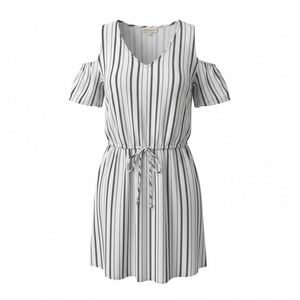 Anthropologie Cloth Stone Linen XS Striped Dress Cold Shoulder Drawstring Womens